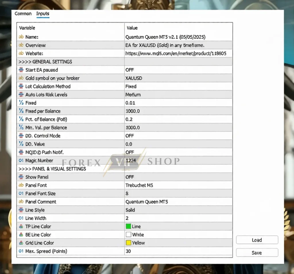 Quantum Queen EA MT5 Settings 