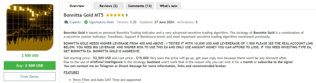 Bonnitta Gold EA MT4 V1.33 pricing details with cost and subscription options for automated gold trading EA