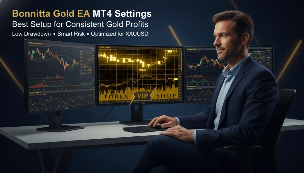 Professional trader using Bonnitta Gold EA MT4 with gold trading charts and optimized settings for maximum profit