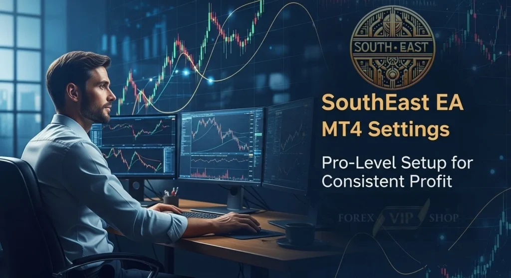 SouthEast EA MT4 best settings 2026 with professional forex trader and blue gold trading dashboard background