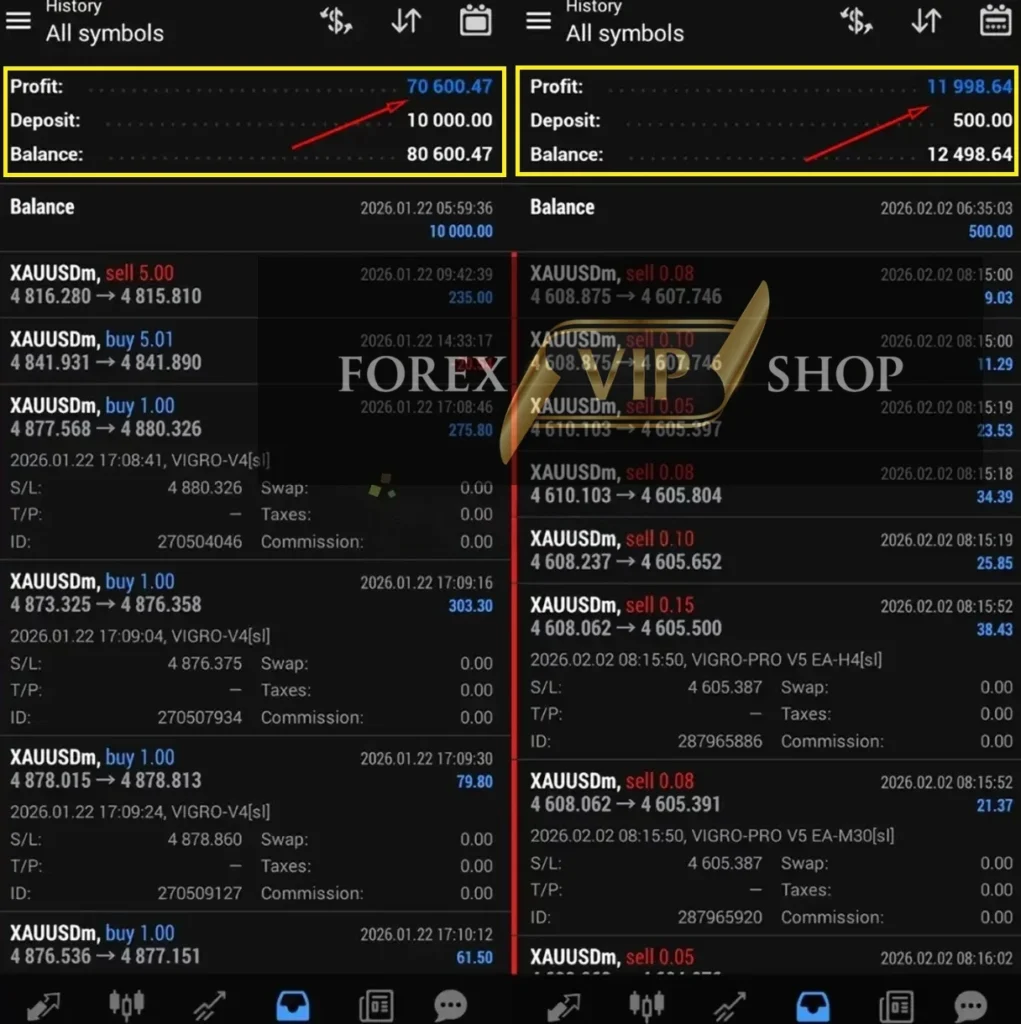 VIGRO PRO EA MT4 profit results showing gains with XAUUSD trade history on MT4
