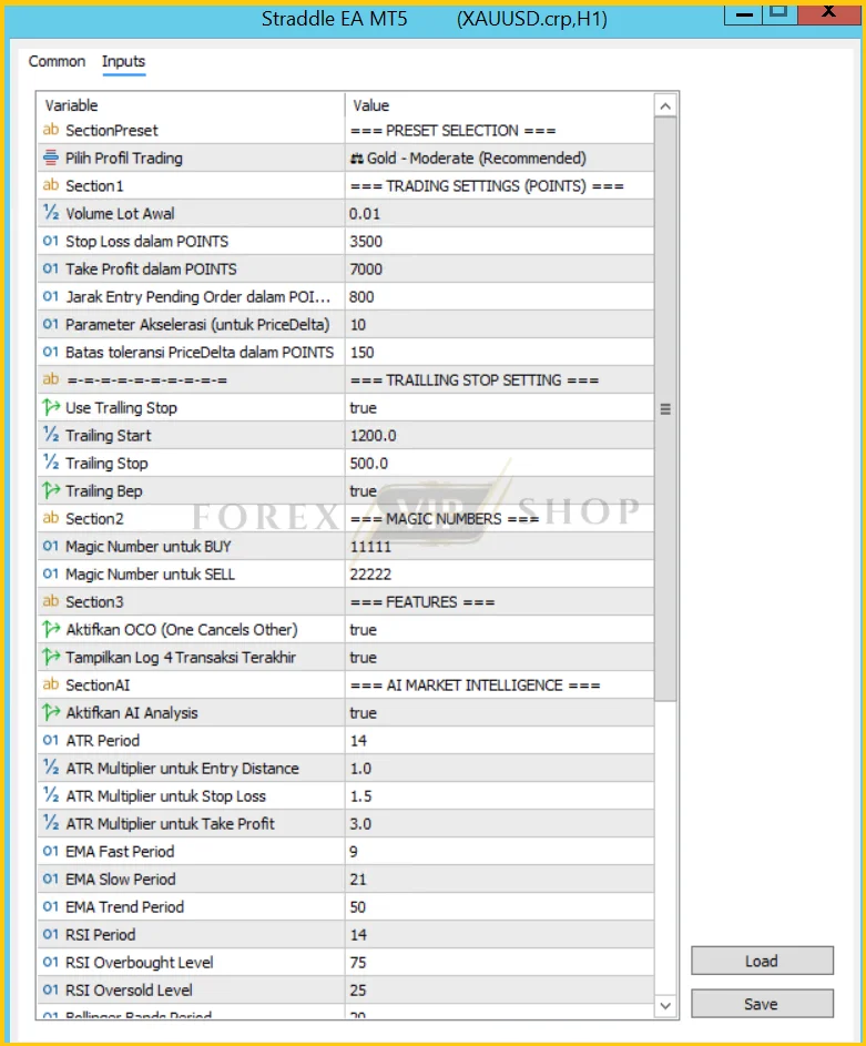 Straddle AI EA MT5 New Settings